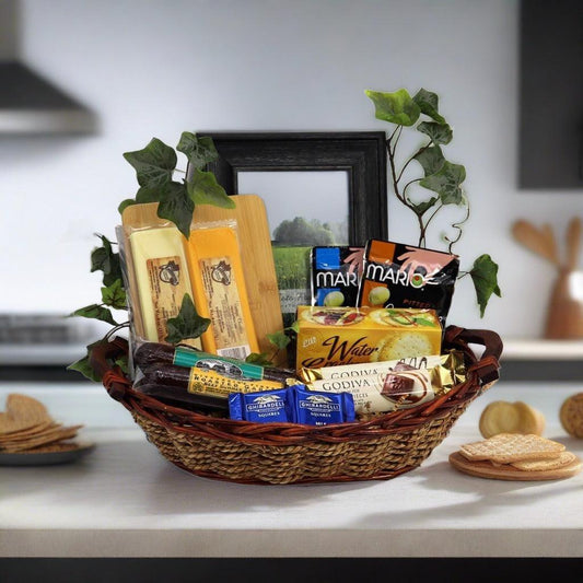 Wicker sympathy gift basket with photo frame and assorted snacks, including crackers and chocolate