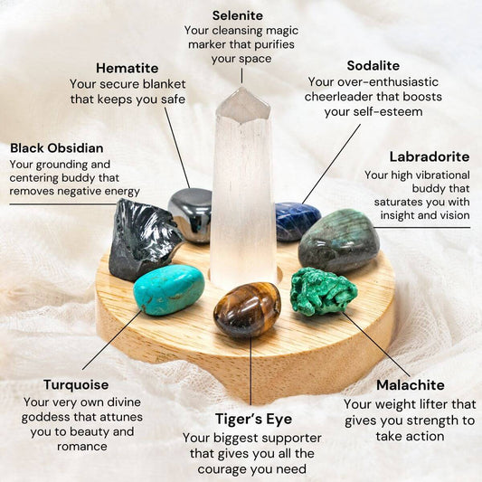 Round wooden base with tall pale crystal point and surrounding tumbled stones