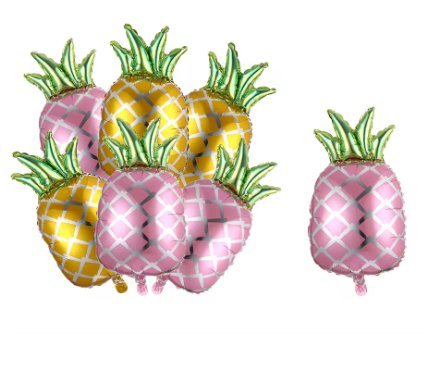 Set of pink and yellow pineapple mylar balloons with green foil leaves