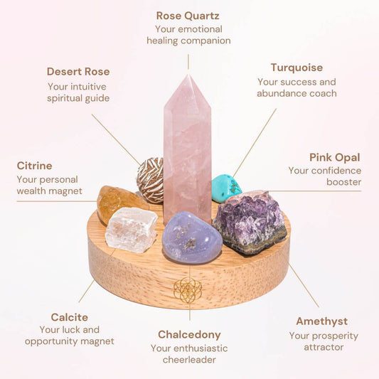 Turquoise-themed crystal lamp display on a round wooden base with rose quartz and amethyst