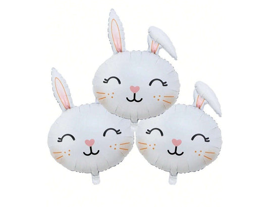 Set of three gray rabbit head foil balloons with pink hearts