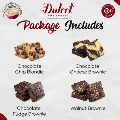 Assorted chocolate brownies: chip blondie, cheese brownie, fudge brownie, walnut brownie