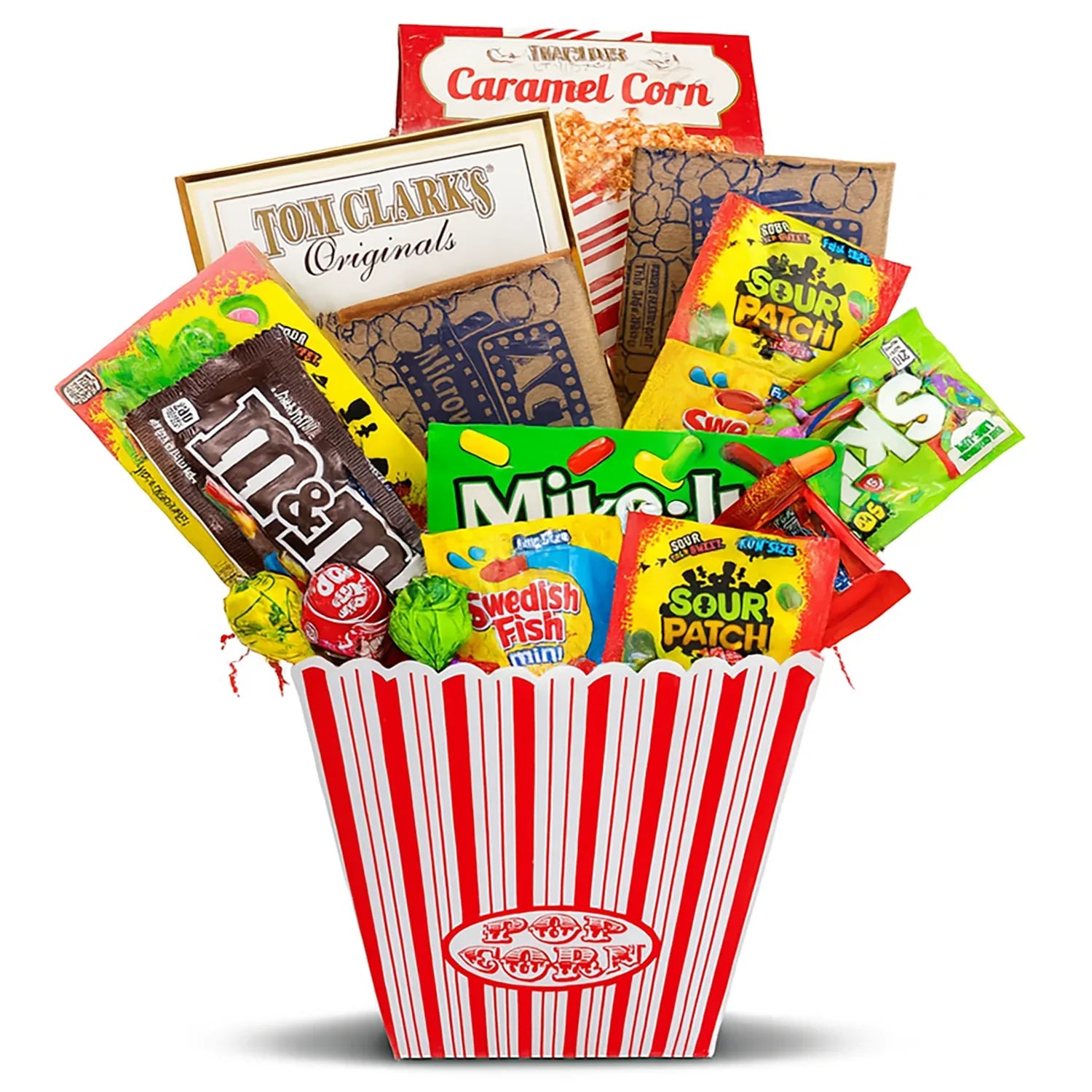 Gift basket with red striped tub, caramel corn bag, sour candy packs, and chocolate snack