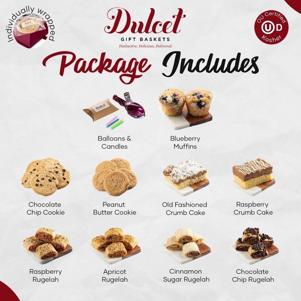 Deluxe Birthday Celebration Gift Tin package includes assorted dessert treats