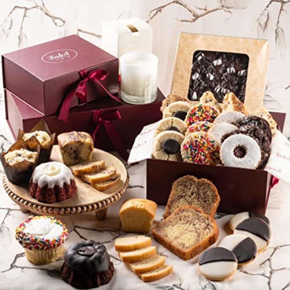 Cookies & Treats gourmet gift tower with assorted cookies, breads, and cupcakes in boxes