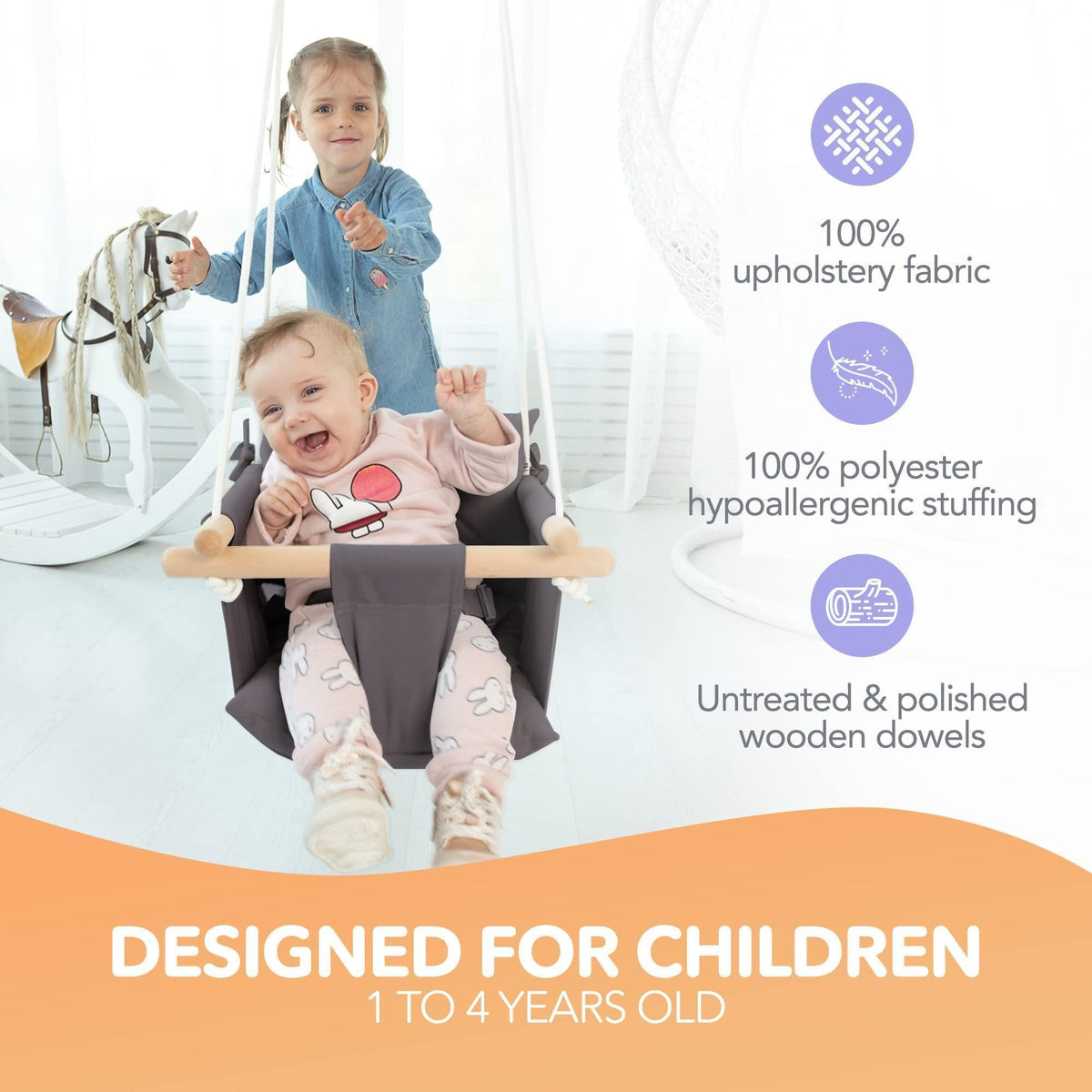 Dark gray hanging swing chair with wooden dowels, child seated with safety harness