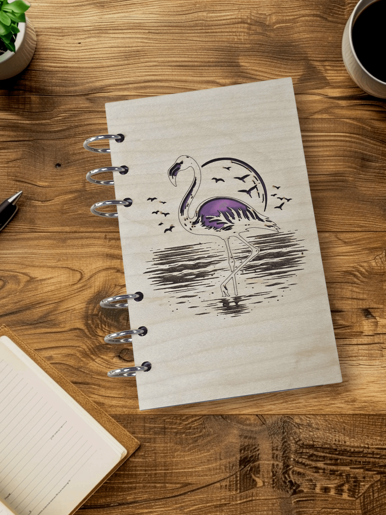 Refillable A6 wood notebook journal with purple flamingo cover art and metal ring binding