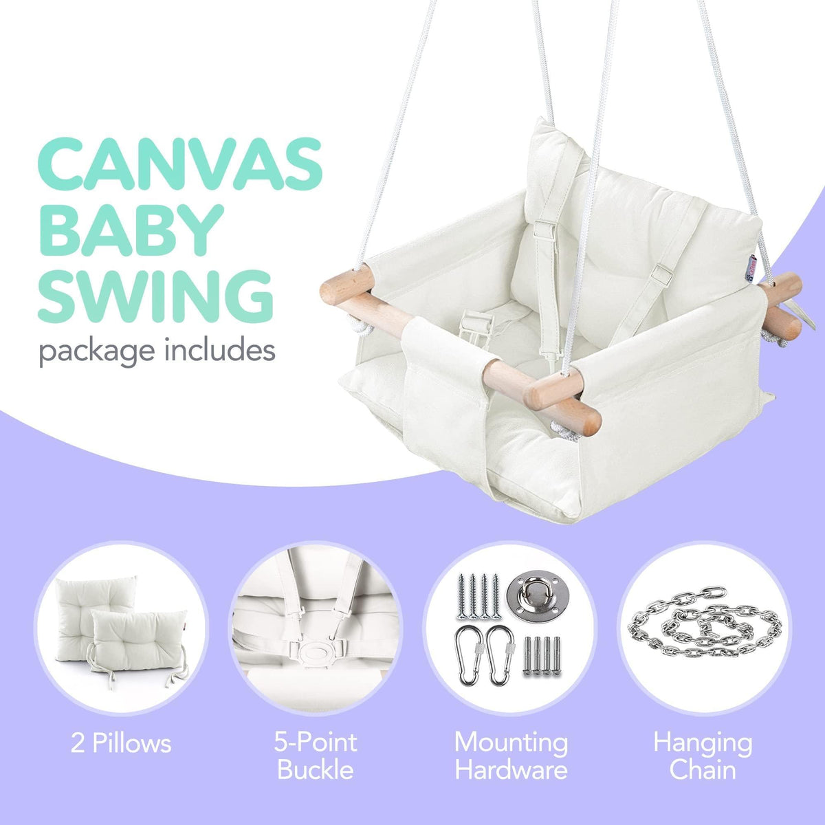 White canvas baby hanging swing with two pillows and wooden support dowels