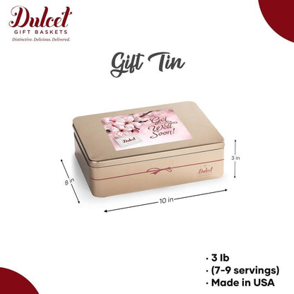 Gift tin box with “Get Well Soon” card, tan metal container