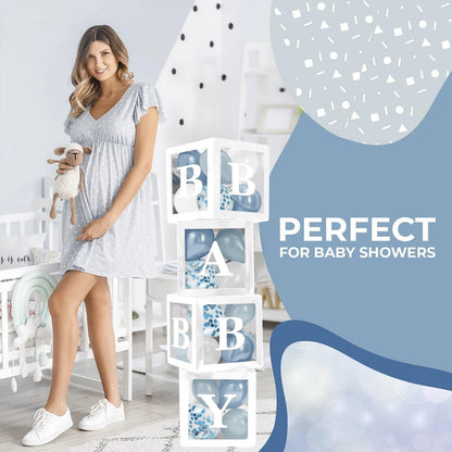 White cube letter box display with blue balloons for baby shower photo backdrop