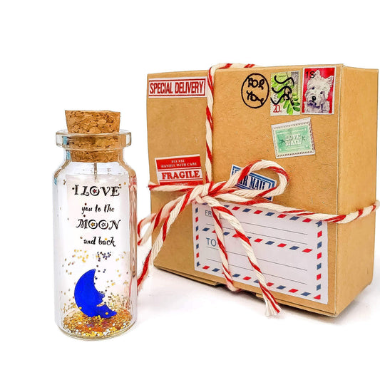 Miniature keepsake bottle with cork, moon-themed label, in craft gift box