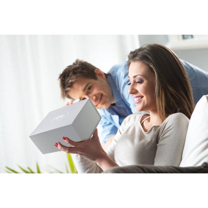 Bride and groom holding a gift basket box