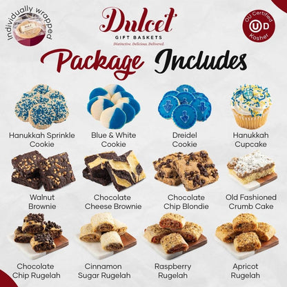 Hanukkah confections package featuring blue-frosted dreidel cookies and iced cupcakes
