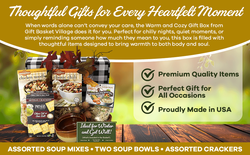 Warm and Cozy Gift Box with assorted soup mixes, two soup bowls, and assorted crackers