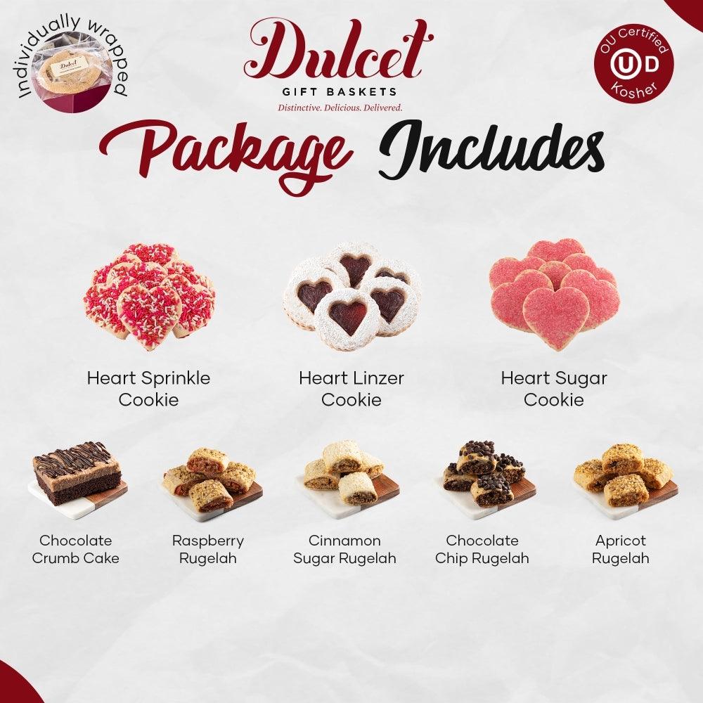 Package includes heart sugar, heart linzer, and heart sprinkles cookies assortment layout