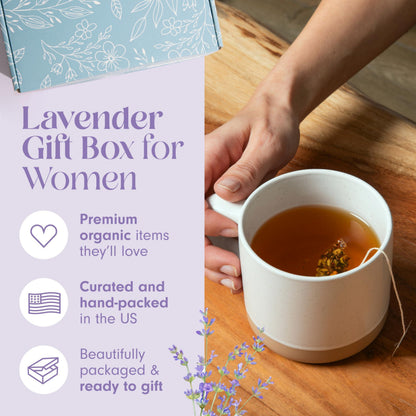 Lavender gift set box beside a cup of herbal tea
