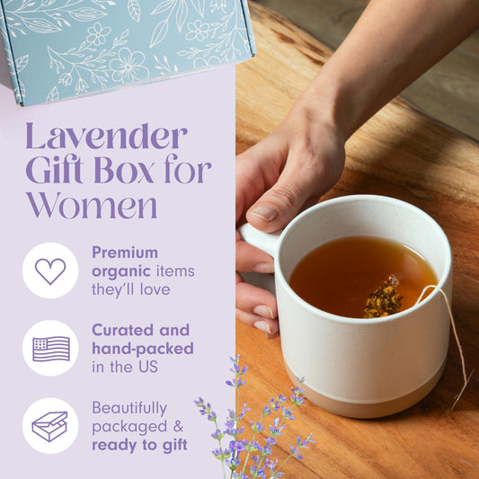 Lavender gift set box beside a cup of herbal tea