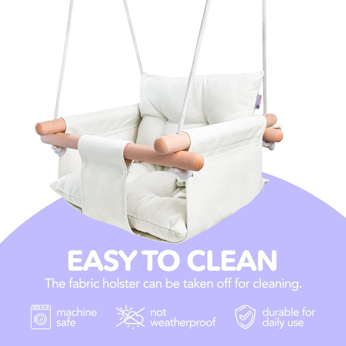 White canvas baby hanging swing chair with two pillows and fabric holster pouch