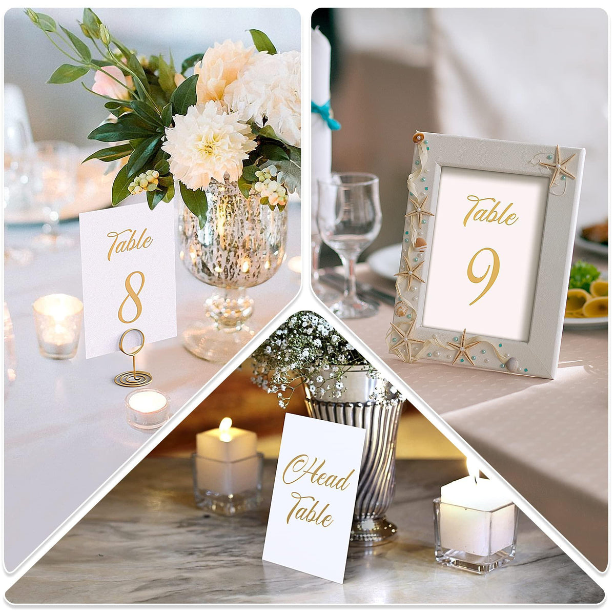 Foil table number cards “Table 8” and “Table 9” with gold head table sign