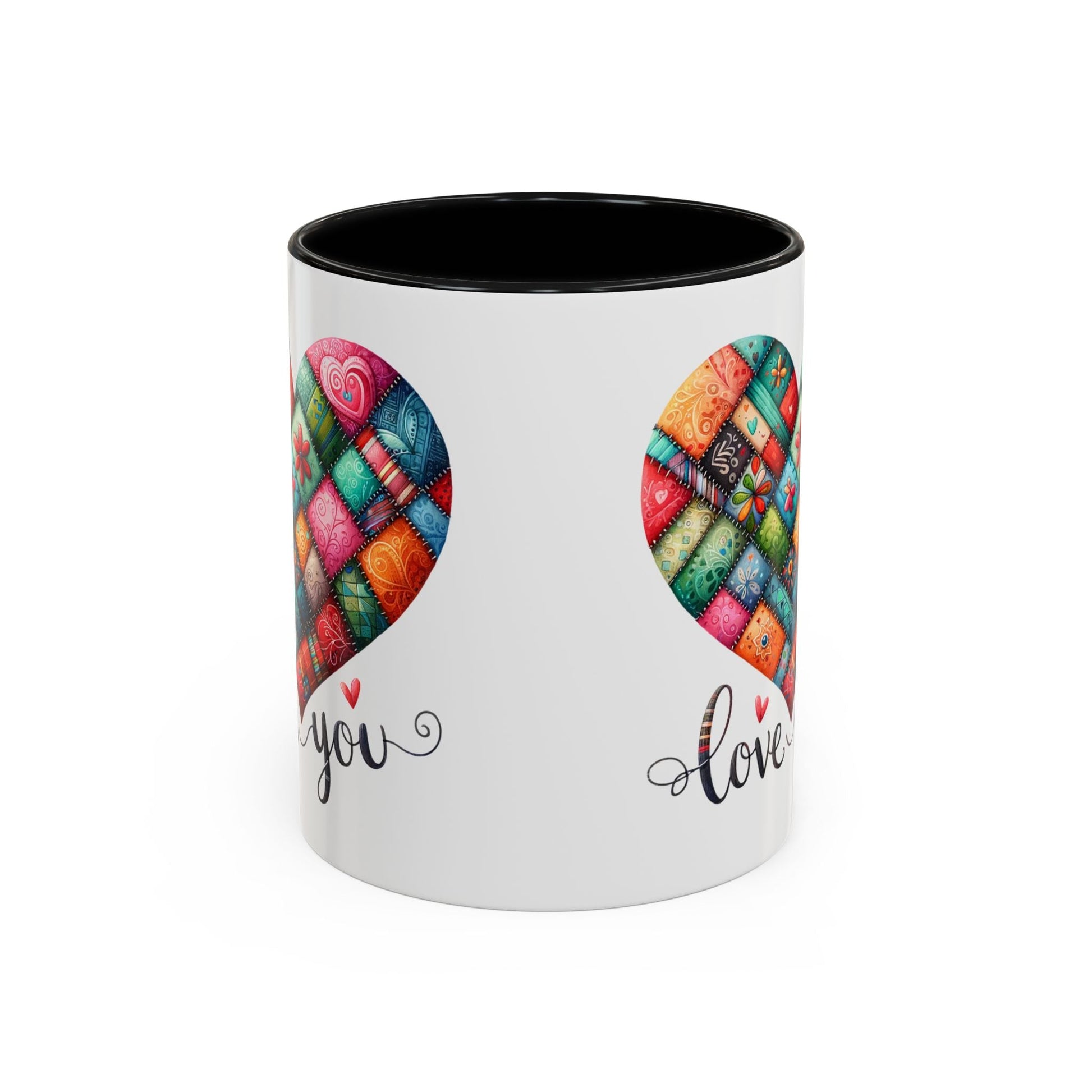 White coffee mug with colorful quilt heart print, you and love text, black rim.
