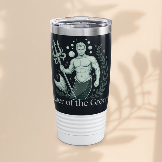 Father of the Groom Merman Tumbler – Poseidon Trident Ocean Wedding Gift | 20oz Insulated Stainless Steel | Black White or Steel | Beach Nautical Bridal Party