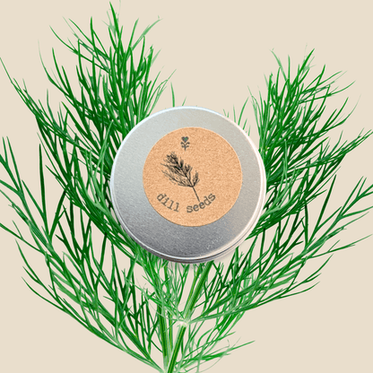 Organic Dill Seeds tin with “dill seeds” label, silver lid