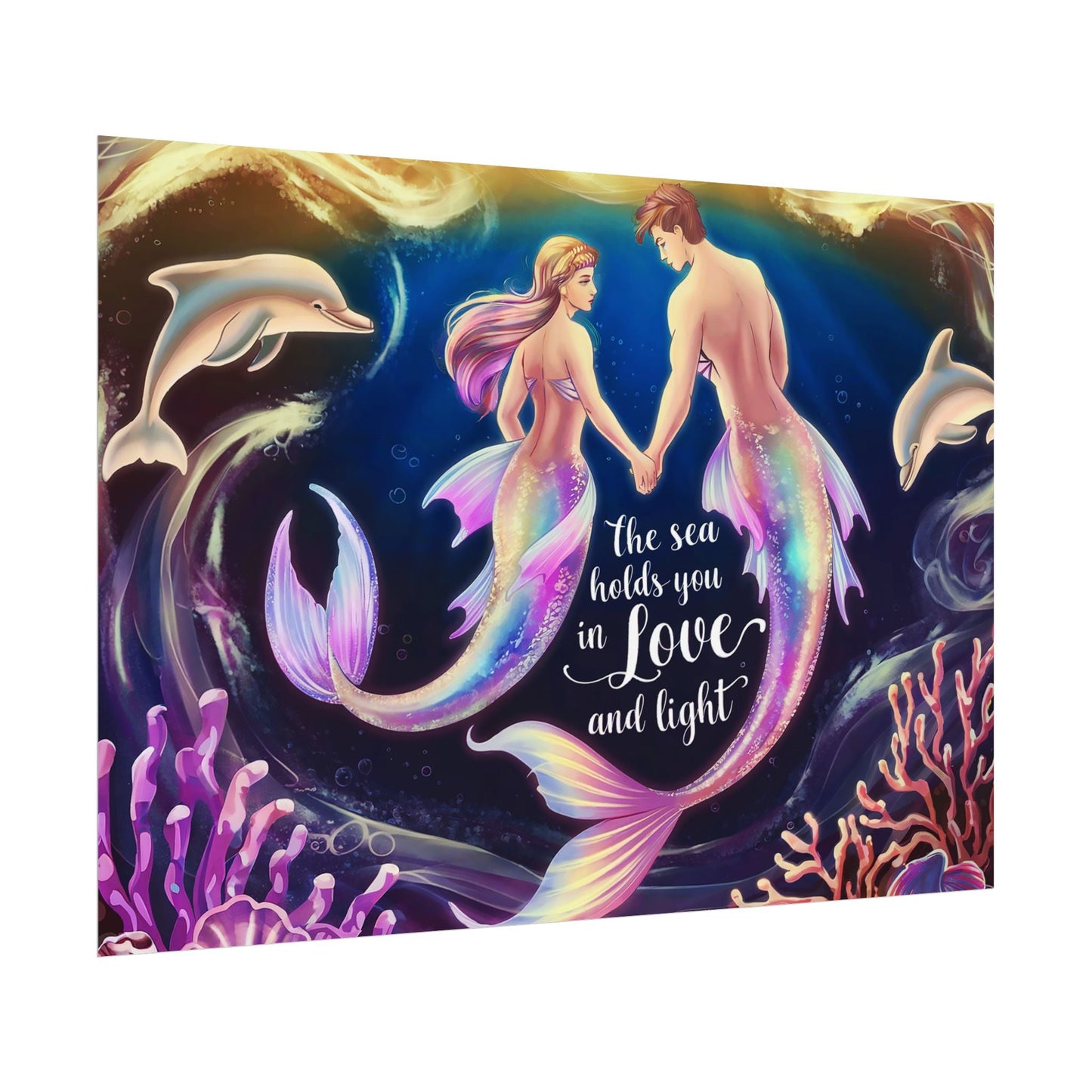 Mermaid Lovers Rolled Poster – The Sea Holds You in Love and Light | Giclée Print | Fine Art, Semi Glossy or Matte | 19 Sizes | Mermaid Couple Wall Art
