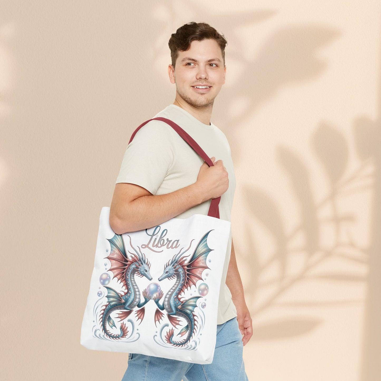 Libra Zodiac Tote Bag with Dragon Art - Libra Birthday Gift for Astrology Lovers, 3 Sizes, 5 Handle Colours