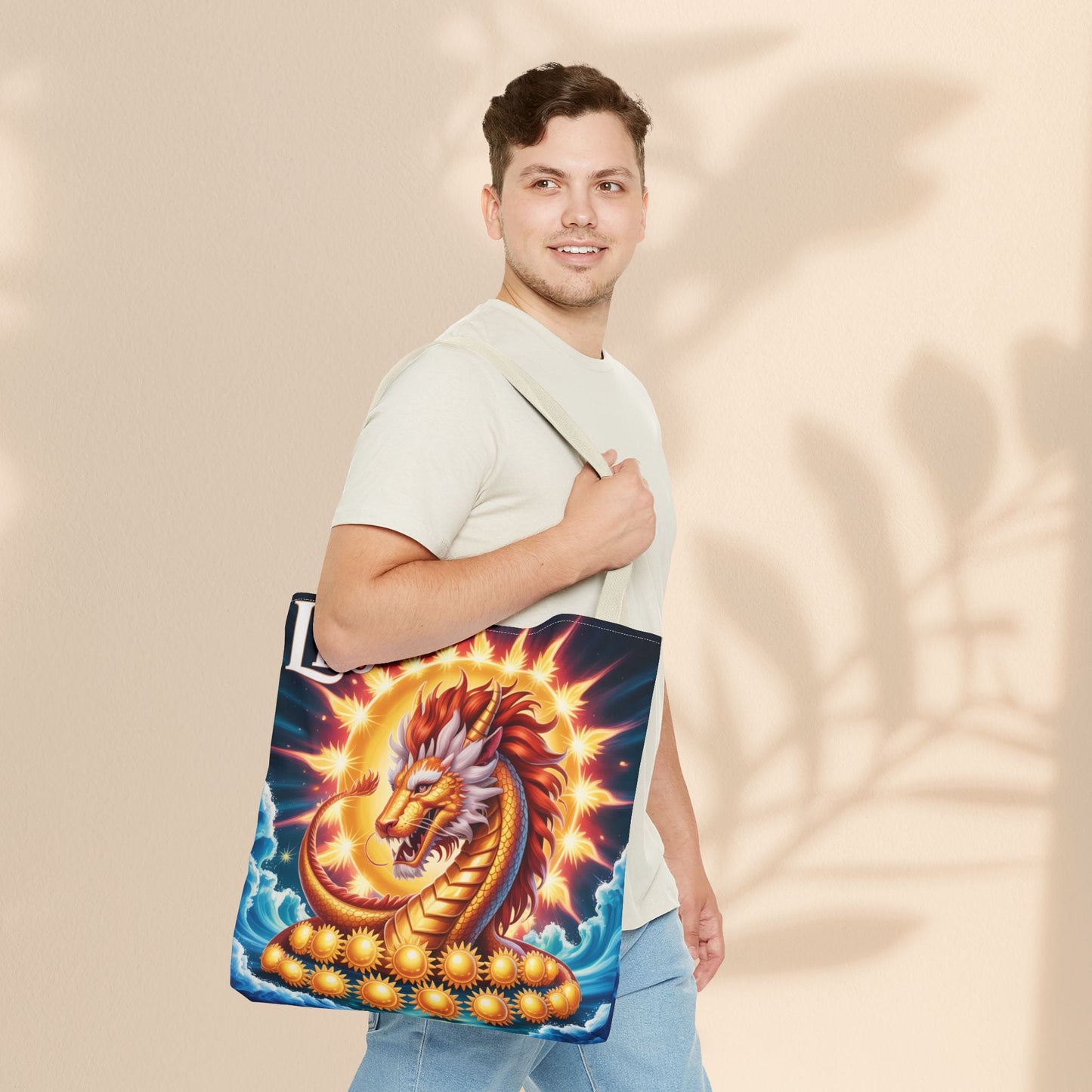 Leo Zodiac Tote Bag – Golden Dragon Sun Celestial Art | 3 Sizes | 5 Handle Colours | Leo Birthday Gift & Astrology Bag