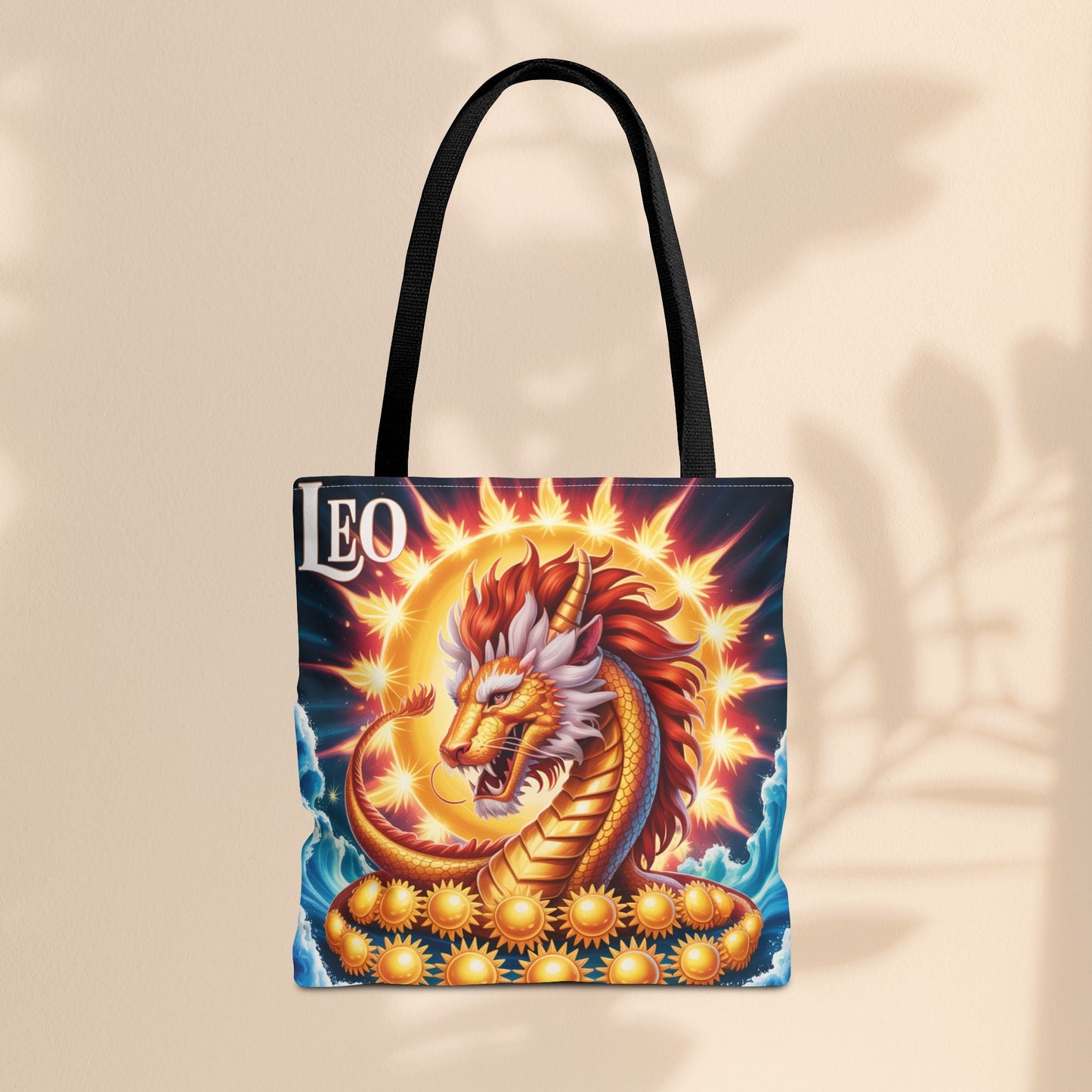 Leo Zodiac Tote Bag – Golden Dragon Sun Celestial Art | 3 Sizes | 5 Handle Colours | Leo Birthday Gift & Astrology Bag