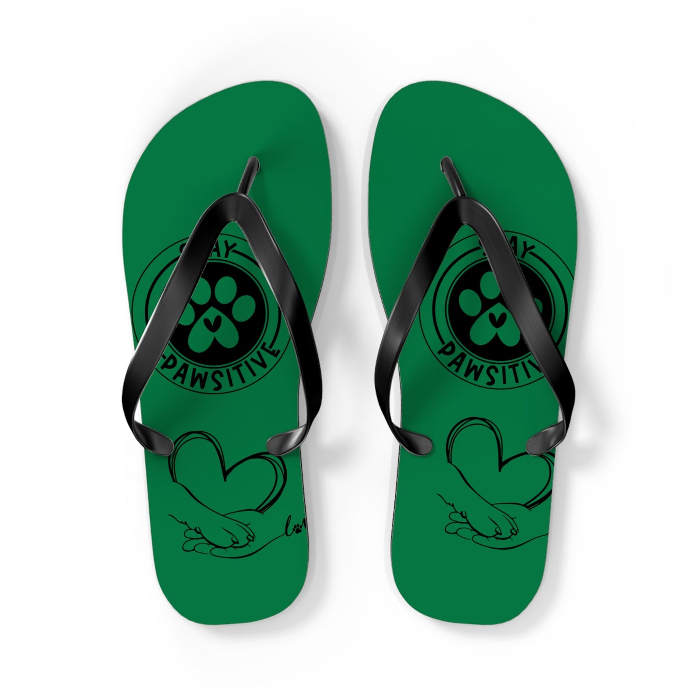 Green flip-flops with black straps and centered paw graphic with heart and paw print
