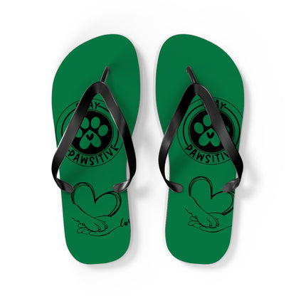 Green flip-flops with black straps and centered paw graphic with heart and paw print