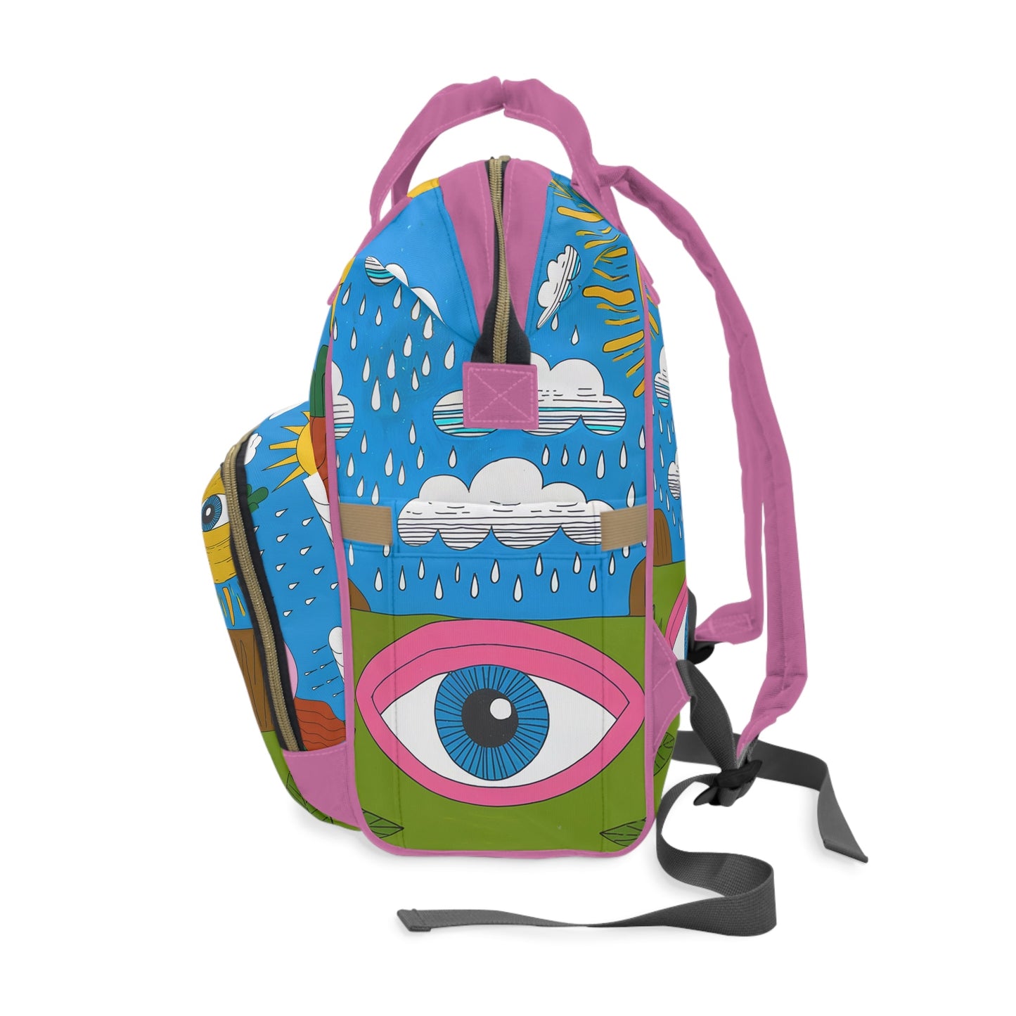 Eyes Are On It Diaper Backpack – Surreal Pop Art Rainy Sky & Watching Eyes Print | Insulated Bottle Pockets | Large Capacity Nappy Bag | Fun Baby Shower Gift