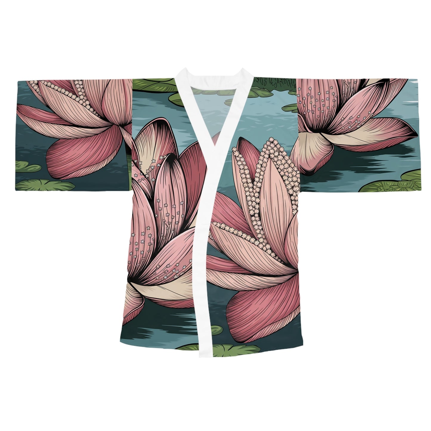 Lotus Blossom Kimono Robe - Long Sleeve Lotus Flower Wrap for Lounging, Spa Days, Meditation, and Resort Wear XS to 2XL