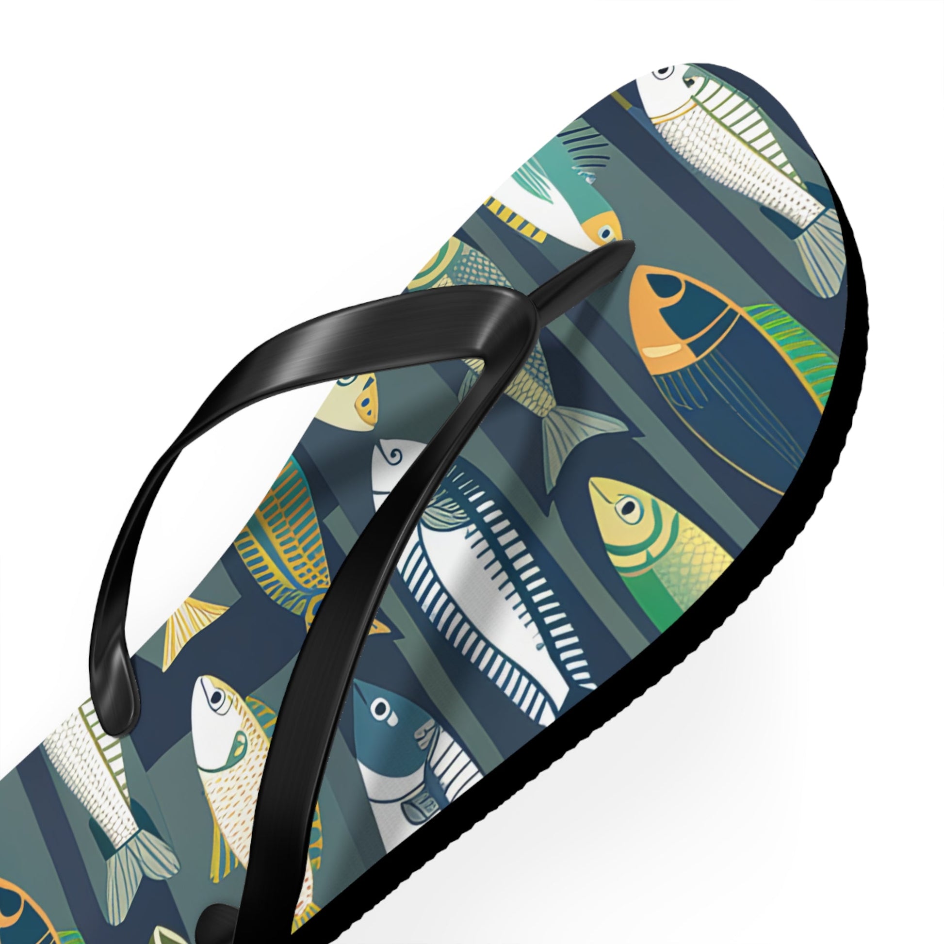 Fish-print flip flop with black thong strap, dark blue patterned sole and footbed