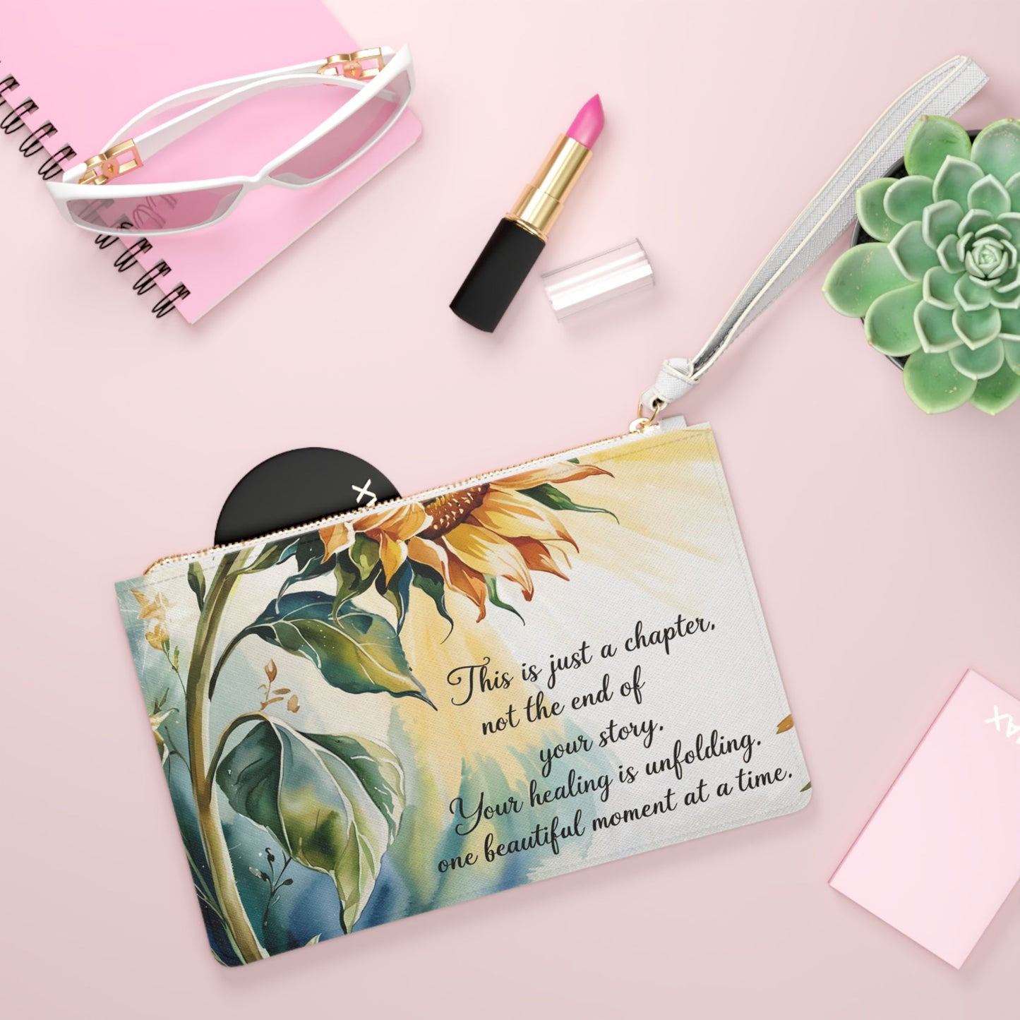Sunflower Inspirational Clutch Bag - Healing Quote Wristlet in Saffiano PU Leather, Positive Sunflower Gift for Her, Encouragement Purse