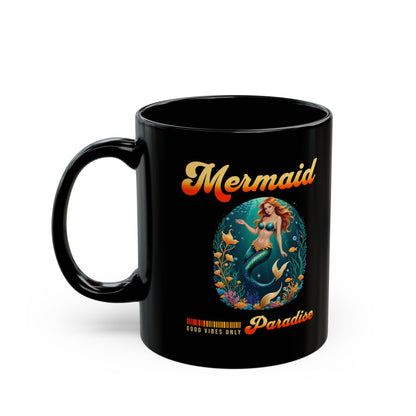Mermaid Paradise Black Mug – Retro Tropical Ocean Design ‘Good Vibes Only’ | 11oz or 15oz Ceramic | Microwave & Dishwasher Safe | Mermaid Coffee Cup Gift