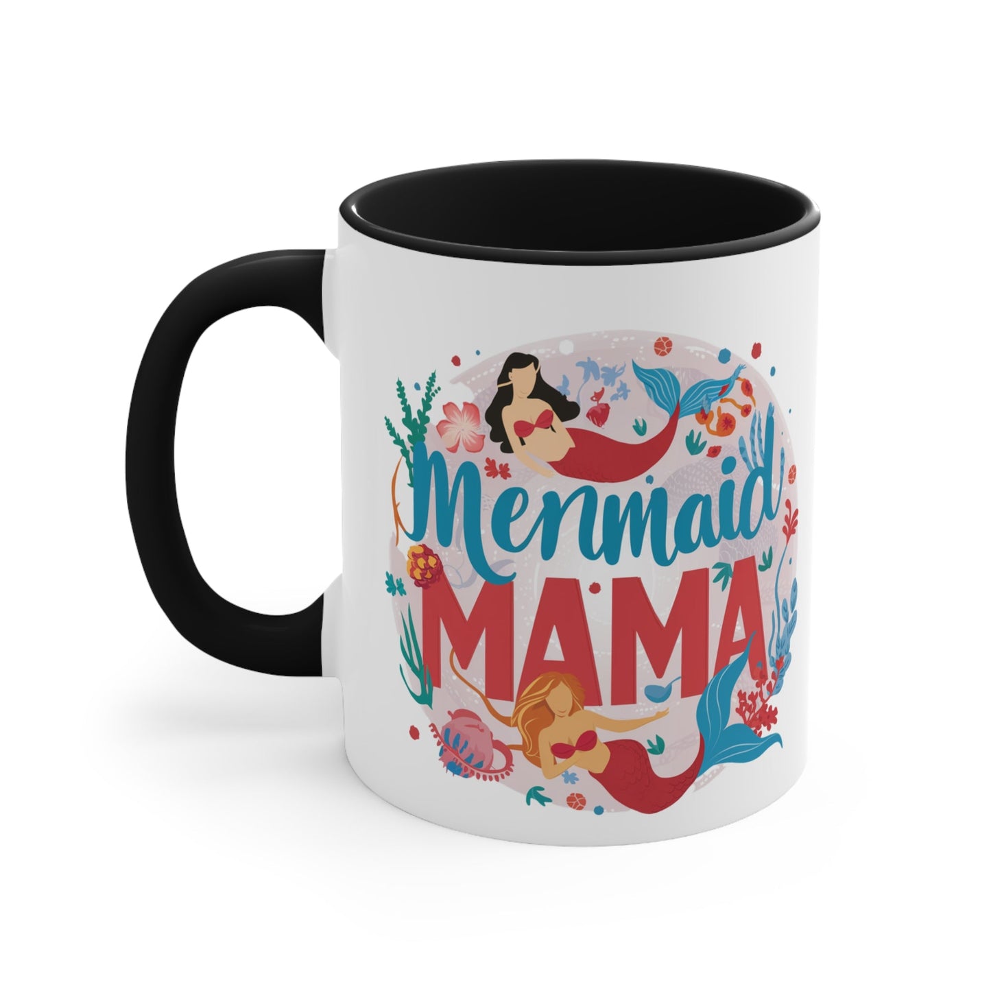 Mermaid Mama Mug – Mother & Daughter Mermaid Illustration | 11oz White Ceramic with Coloured Interior | Pink, Red or Black | Ocean Mum Coffee Tea Gift