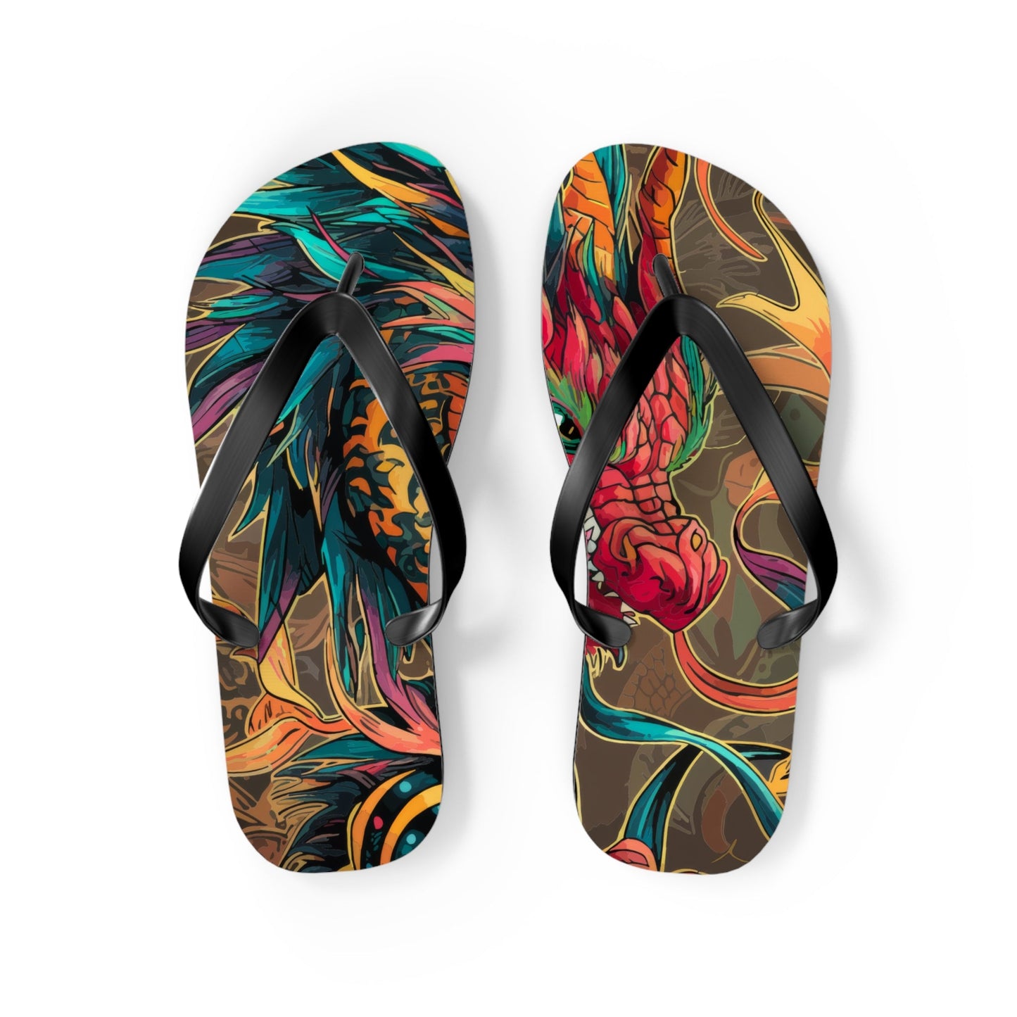 Pair of multicolor dragon graphic flip-flops with black thong straps