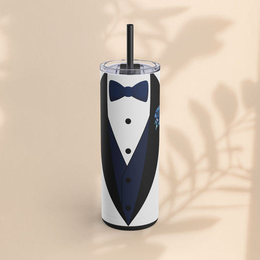 20oz matte skinny tumbler with tuxedo groom graphic, navy bow tie, clear lid and black straw