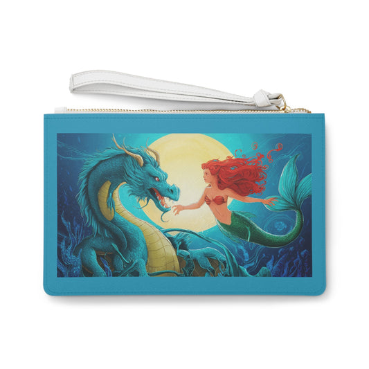 Mermaid and Her Dragon Clutch Bag - Red-Haired Mermaid Reaching for Her Sea Dragon Under a Full Moon, Fantasy Ocean Wristlet in Saffiano PU Leather