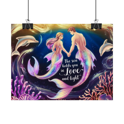 Mermaid Lovers Rolled Poster – The Sea Holds You in Love and Light | Giclée Print | Fine Art, Semi Glossy or Matte | 19 Sizes | Mermaid Couple Wall Art