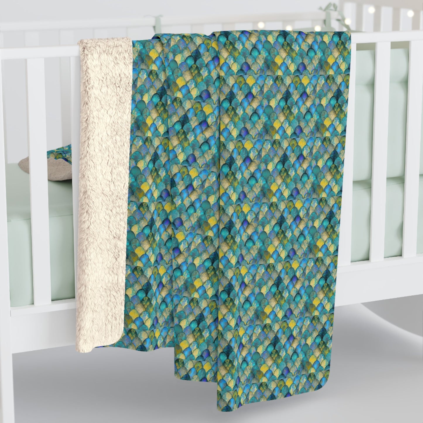 Mermaid Scale Sherpa Fleece Blanket – All-Over Teal & Ocean Scale Print | Plush Sherpa Back | 50” × 60” & 60” × 80” | Mermaid Gift