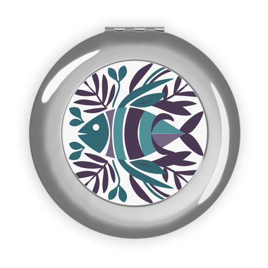 Compact travel mirror with silver glossy case and fish life round graphic inset