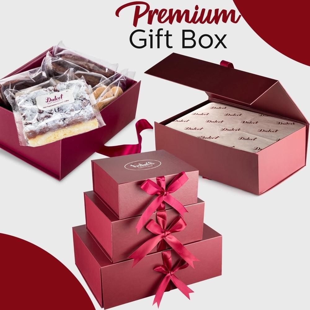 Premium gift box set with burgundy boxes and pink ribbon bows