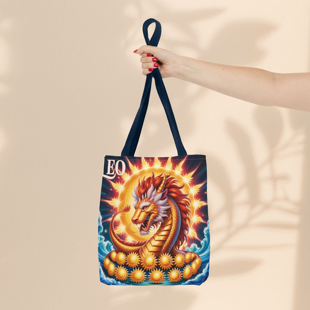 Leo Zodiac Tote Bag – Golden Dragon Sun Celestial Art | 3 Sizes | 5 Handle Colours | Leo Birthday Gift & Astrology Bag