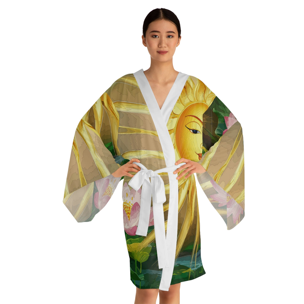 Lotus Sun Kimono Robe - Long Sleeve Lotus Flower Wrap with Golden Sun Design for Lounging, Spa Days, and Resort Wear XS to 2XL