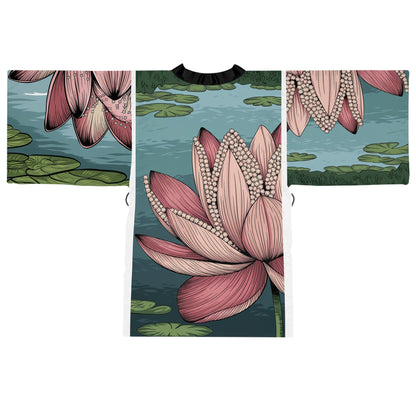 Lotus Blossom Kimono Robe - Long Sleeve Lotus Flower Wrap for Lounging, Spa Days, Meditation, and Resort Wear XS to 2XL