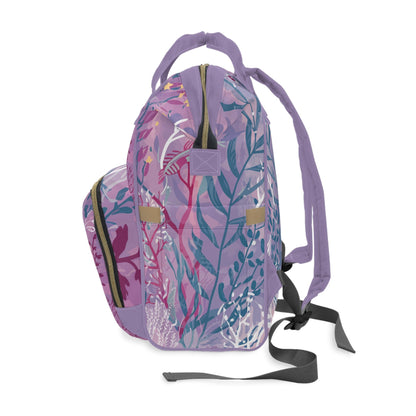 Enchanted Underwater Garden Diaper Backpack – Dreamy Lavender Botanical Seaweed Print | Insulated Bottle Pockets | Large Capacity Nappy Bag | Baby Shower Gift