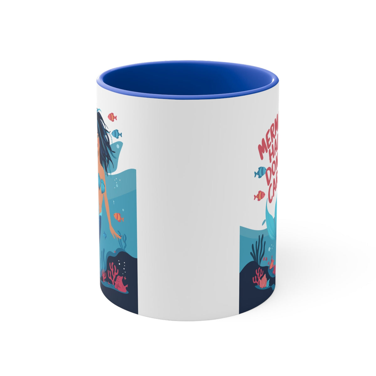 Mermaid Hair Don't Care Accent Mug – Wild Teal Mermaid Underwater Scene | 11oz White Ceramic Blue Green Pink or Red | Ocean Attitude Coffee Gift